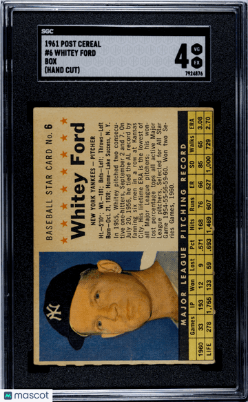 1961 Post Cereal Whitey Ford #6 Box (Hand Cut) SGC 4