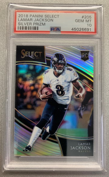 LAMAR JACKSON 2018 SELECT FIELD LEVEL SILVER PRIZM ROOKIE PSA 10 GEM MINT