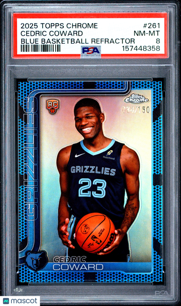 2025 Topps Chrome Cedric Coward #261 Blue Basketball Refractor /150 PSA 8