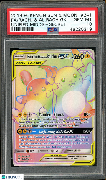 2019 Pokemon Sun & Moon Unified Minds Aln. Raichu GX Raichu Unified Minds-Secret-Fa PSA 10 #241