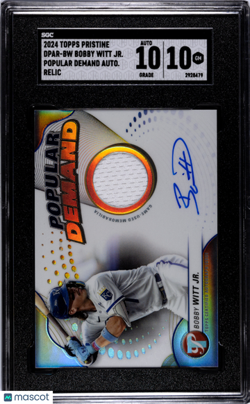 2024 Topps Pristine Bobby Witt JR. #DPAR-BW Popular Demand Autograph Relic SGC 10 Auto 10
