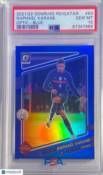 2021 Panini Donruss Road To Qatar Raphael Varane #63 Optic Blue PSA 10
