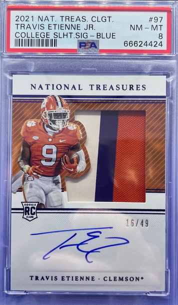 2021 National Treasures Travis Etienne Blue RPA Auto PSA 8 NM-MT RC Rookie 16/49