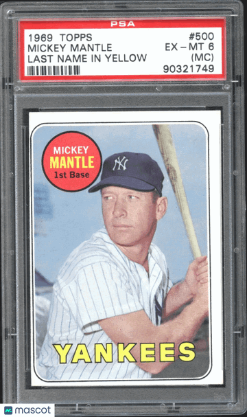 1969 Topps Mickey Mantle #500 Last Name In Yellow MC PSA 6