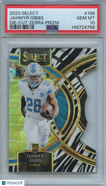 2023 Panini Select Jahmyr Gibbs #198 Zebra Prizm Die-Cut Parallel/Variety Rookie Base Set PSA 10