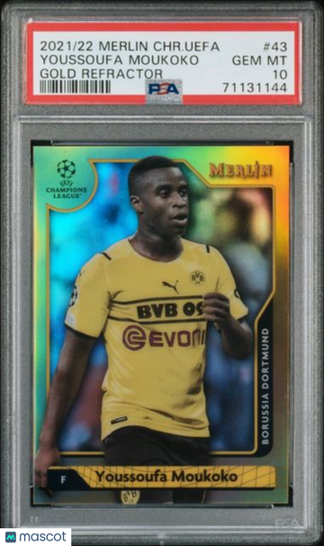 2021-2022 Topps Merlin Chrome UEFA League Youssoufa Moukoko #43 Gold Refractor PSA 10