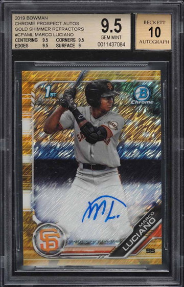 Marco Luciano 2019 Bowman Prospect Chrome Autograph Gold Shimmer Refractor #/50 , BGS 9.5 , 10 Auto