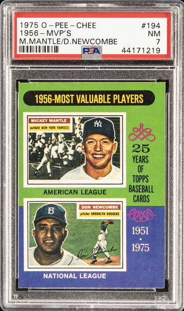 1975 O-Pee-Chee Baseball #194 1956-MVP'S M.Mantle/D.Newcombe PSA 7