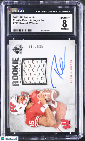 2012 SP Authentic Russell Wilson Rookie Patch Autographs Football Trading Card #272 /885 CGC 8 Auto 8
