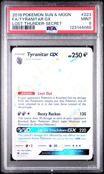 2018 Pokemon Sun and Moon Lost Thunder Secret Rare Tyranitar Gx #223 PSA 9