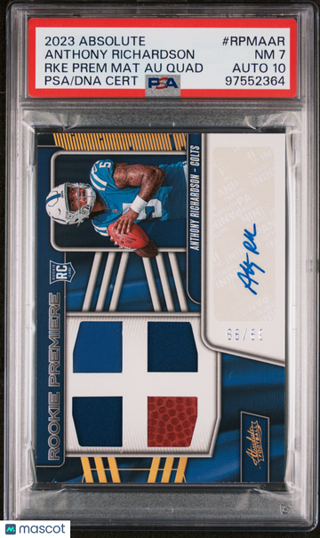 2023 Panini Absolute Rookie Premiere Materials Autographs Quad Anthony Richardson #RPMAAR RKE PSA 7 Auto 10