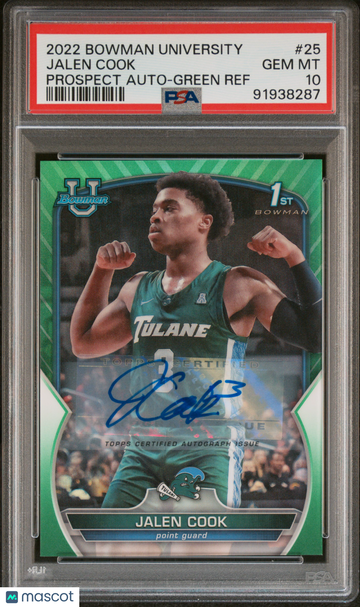 2022 Bowman Chrome University Jalen Cook #25 Prospect Auto Green Ref PSA 10