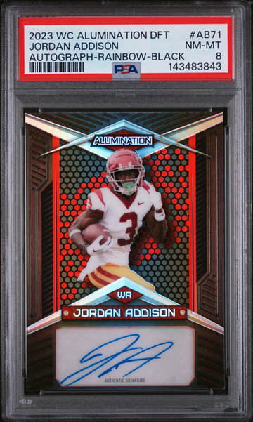 2023 Wild Card Alumination Draft Autographs Autograph-Rainbow-Black Jordan Addison #AB71 /25 PSA 8