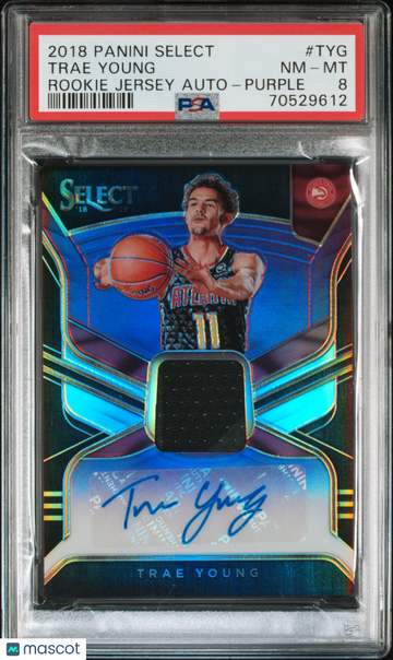 2018 Panini Select Rookie Jersey Autographs Trae Young #TYG Purple /99 RC PSA 8