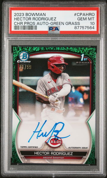 2023 BOWMAN HECTOR RODRIGUEZ CHROME PROSPECT AUTOGRAPHS CHR PROS AUTO-GREEN GRASS #CPAHRO PSA 10