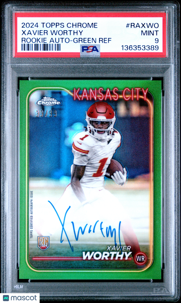 2024 Topps Chrome RC Rookie Auto Xavier Worthy #RA-XWO Green Refractor /99 PSA 9 Topps