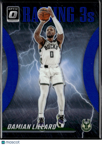 Damian Lillard 2024 Panini Donruss Optic Raining 3s Blue Prizm /49 Milwaukee Bucks
