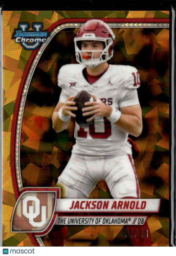 Jackson Arnold 2024 Bowman Chrome University Gold Sapphire Solar Flare Refractor Oklahoma Sooners