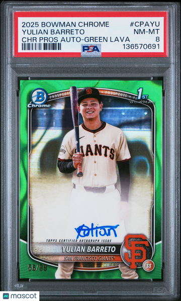 2025 Bowman Chrome Prospect Autographs Yulian Barreto #CPAYU Green Lava /99 PSA 8