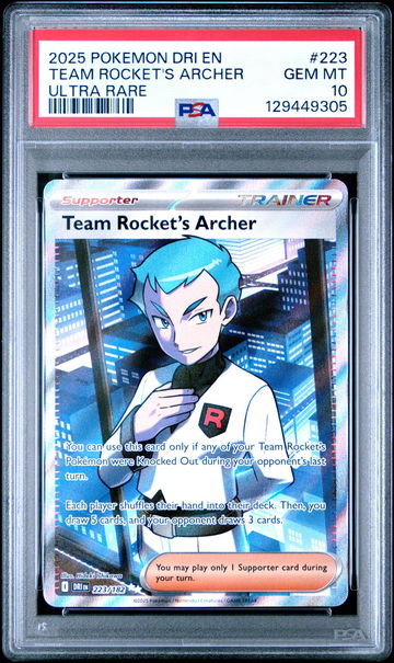 2025 Destined Rivals - Dri En - English Ultra Rare Holo Team Rocket's Archer #223 PSA 10