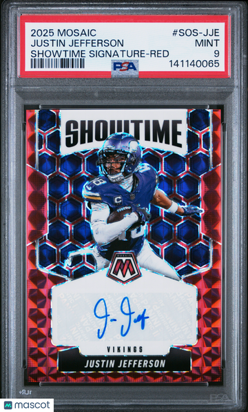 2025 Panini Mosaic Showtime Signatures Justin Jefferson #SOS-JJE Red /199 PSA 9
