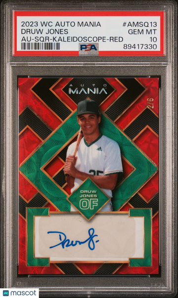 2023 Wild Card Auto Mania Autographs Druw Jones #AMSQ13 SQR Kaleidoscope Red /6 PSA 10