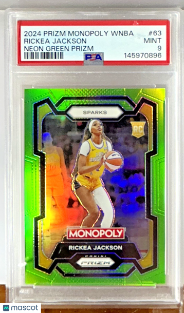 2024 Panini Prizm Monopoly WNBA Rickea Jackson #WNBA25 Neon Green Prizm Parallel/Variety Rookie Base Set PSA 9