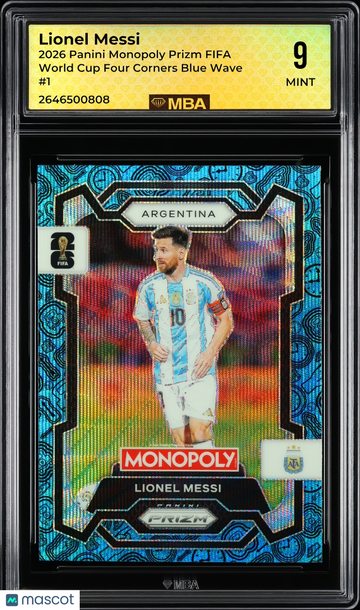 2026 Panini Monopoly Prizm FIFA World Cup Lionel Messi #1 Four Corners Blue Wave MBA 9