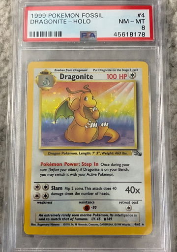 1999 Pokemon fossil dragonite holo #4 psa 8