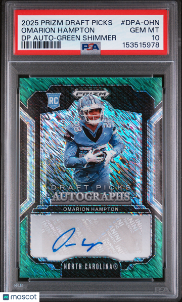2025 Panini Prizm Draft Picks Draft Picks Autographs Omarion Hampton #DPA-OHN DP Green Shimmer PSA 10