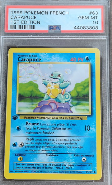 1999 Pokemon French Carapuce Squirtle PSA 10 1st Edition #63