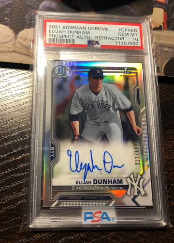 2021 Elijah Dunham Auto 1st Bowman Chrome Refractor /499 Rookie PSA 10 