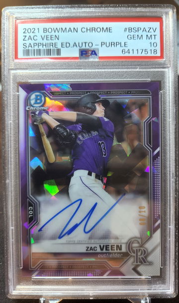 2021 Bowman Chrome Zac Veen Sapphire Purple Auto /10 Gem Mint PSA 10 Rockies