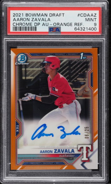 2021 BOWMAN CHROME ORANGE REFRACTOR AARON ZAVALA ROOKIE AUTO /25 PSA 9 MINT