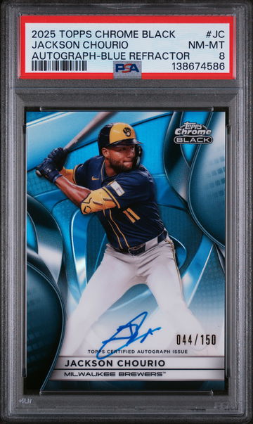2025 Chrome Black Autographs Blue Refractors Jackson Chourio #CBAJC /150 PSA 8