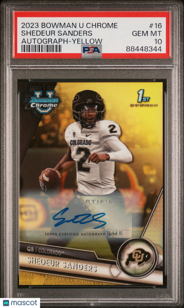 2023 Bowman University Chrome Shedeur Sanders #16 Auto Yellow Refractor PSA 10