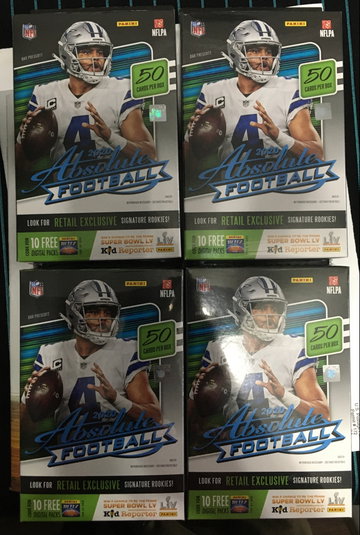 (4) 2020 Absolute Football Hanger Boxes (Joe Burrow, Justin Herbert, Tua Tagovailoa, CeeDee Lamb, Justin Jefferson, Chase Young, Kaboom)