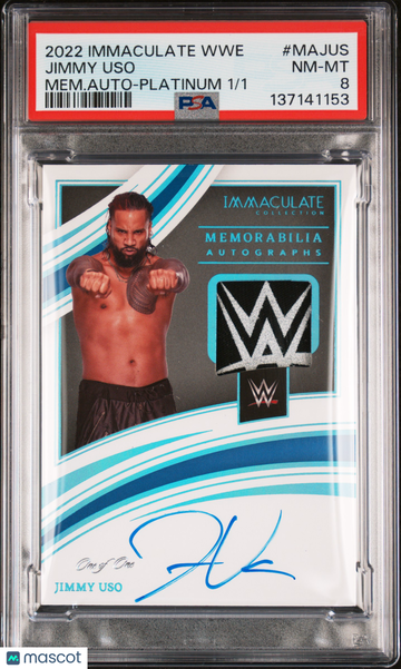2022 Panini Immaculate Collection WWE Memorabilia Autographs Jimmy Uso #MAJUS Mem. Auto Platinum /1 PSA 8