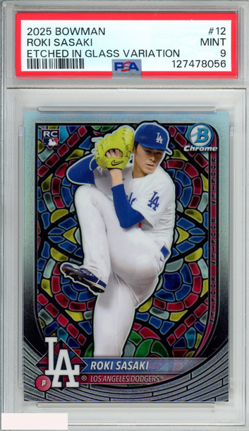 2025 BOWMAN ROKI SASAKI #12 ETCHED IN GLASS VARIATION ROOKIE RC PSA 9 MINT