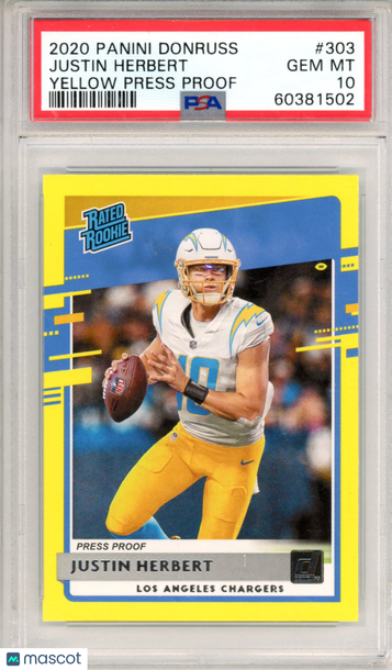 2020 Panini Donruss Justin Herbert #303 Yellow Press Proof PSA 10