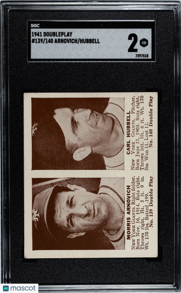 1941 Doubleplay Hubbell Arnovich #139/140 SGC 2