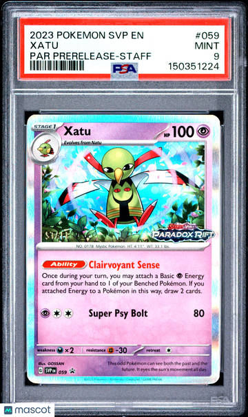 2023 Pokemon SVP EN-SV Black Star Promo Prerelease Staff Xatu Par Prerelease-Staff PSA 9 #059