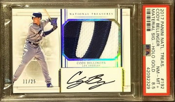 CODY BELLINGER 2017 NATIONAL TREASURES HOLO GOLD ROOKIE AUTO PATCH #/25 PSA 8.5