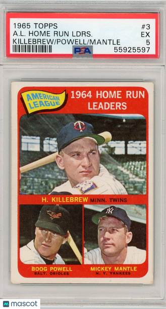 1965 Topps A. L. Home Run Ldrs. #3 Killebrew Powell Mantle PSA 5