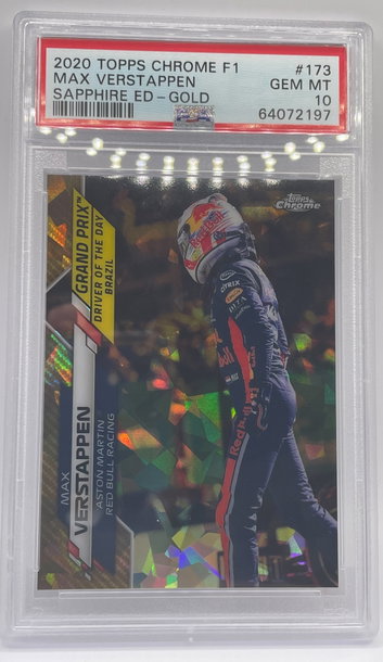 2020 Topps Chrome Sapphire F1 Formula One Max Verstappen Gold /50 PSA 10 POP 1 Card #173 Brazil Red Bull