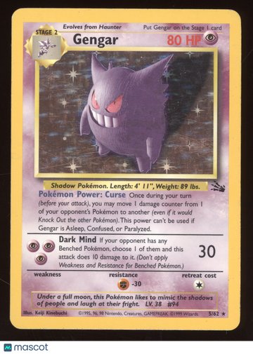 1999 Pokemon Fossil Gengar Holo Rare #5/62