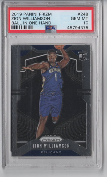 2019-20 Prizm Zion Williamson Ball In One Hand PSA 10