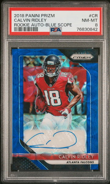 2018 Panini Prizm Blue Scope Calvin Ridley #RA-CR Auto /25 PSA 8