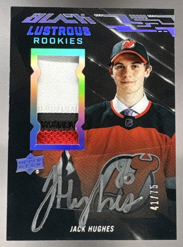 2019 SPx Jack Hughes Black Lustrous Rookie Auto Patch /75 RC