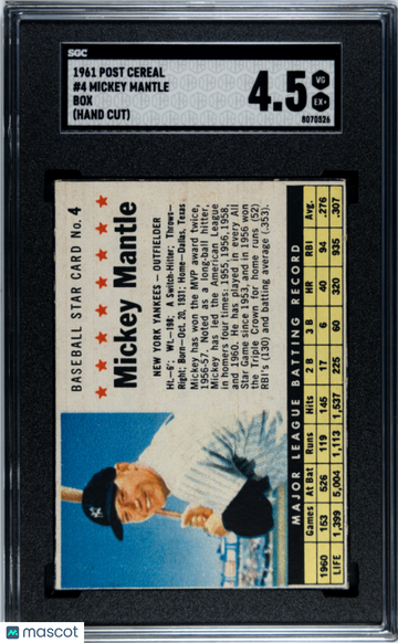 1961 Post Cereal Mickey Mantle #4 Box (Hand Cut) SGC 4.5